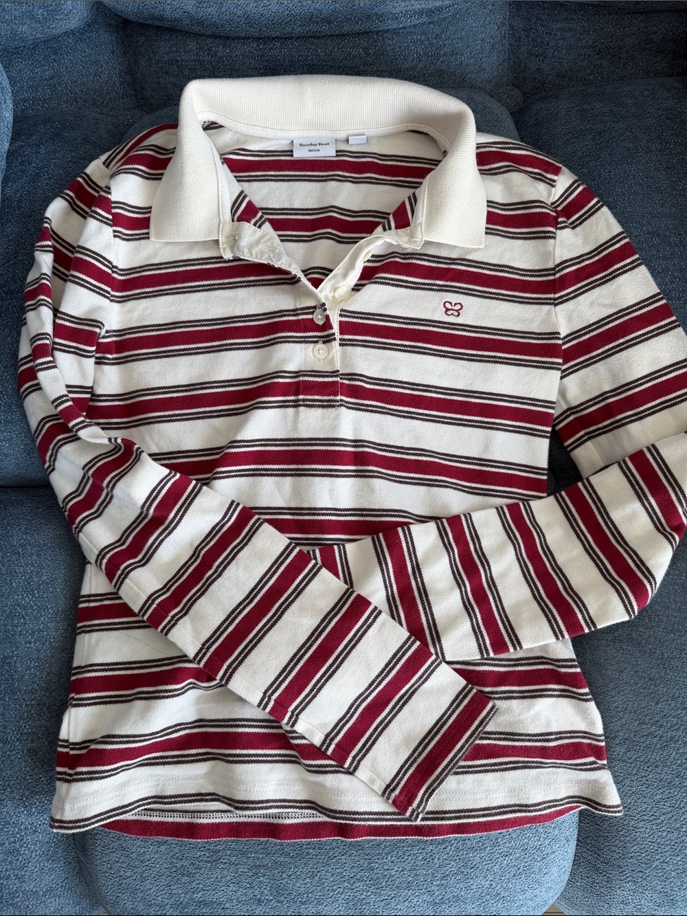 Sunday Best Striped Long Sleeve Polo in Cream and Burgundy